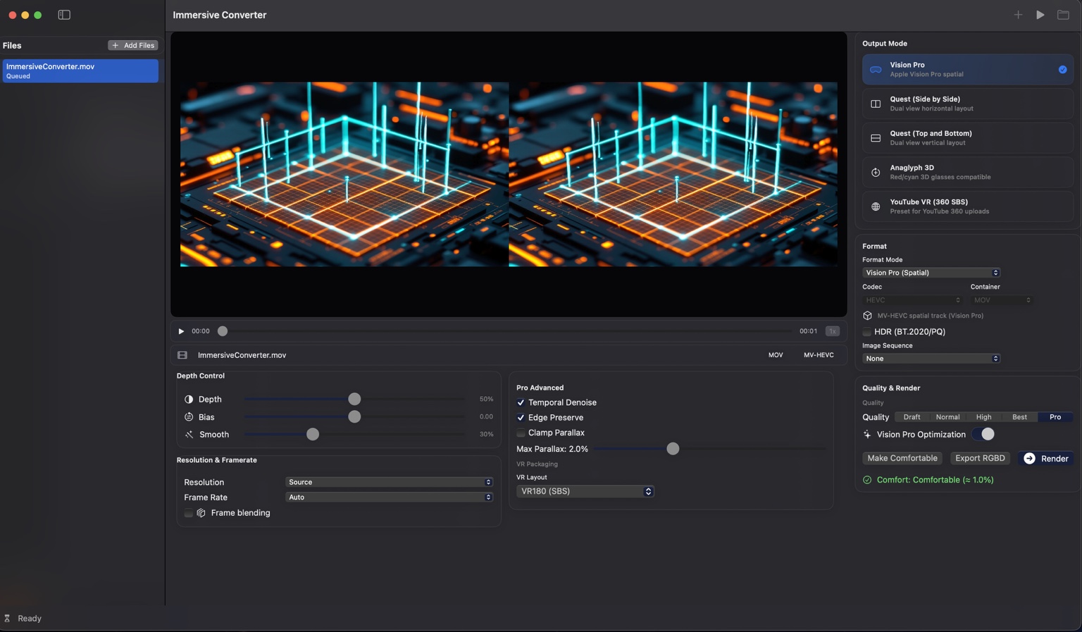 Immersive Converter macOS UI: depth controls, Vision Pro export, VR180 SBS preview